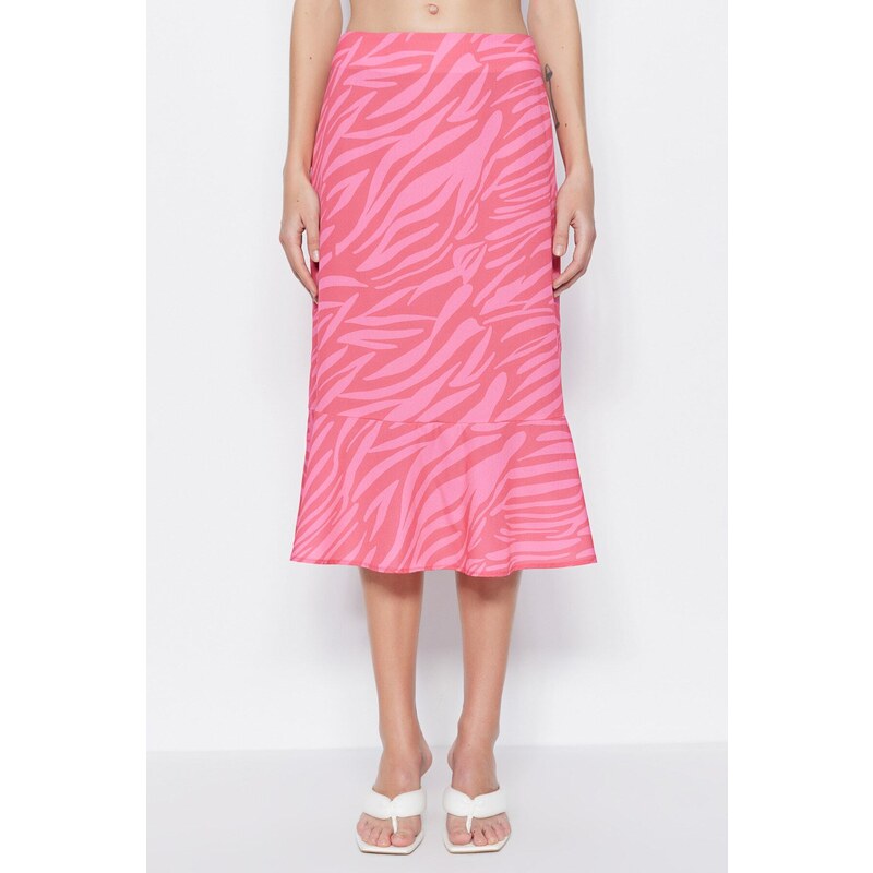 Trendyol Pink Flounce Patterned Midi Woven Skirt