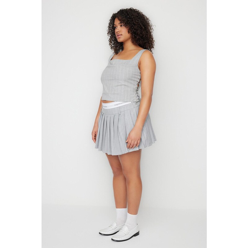 Trendyol X Sagaza Studio Gray Striped Pleated Skirt With Elastic Detail