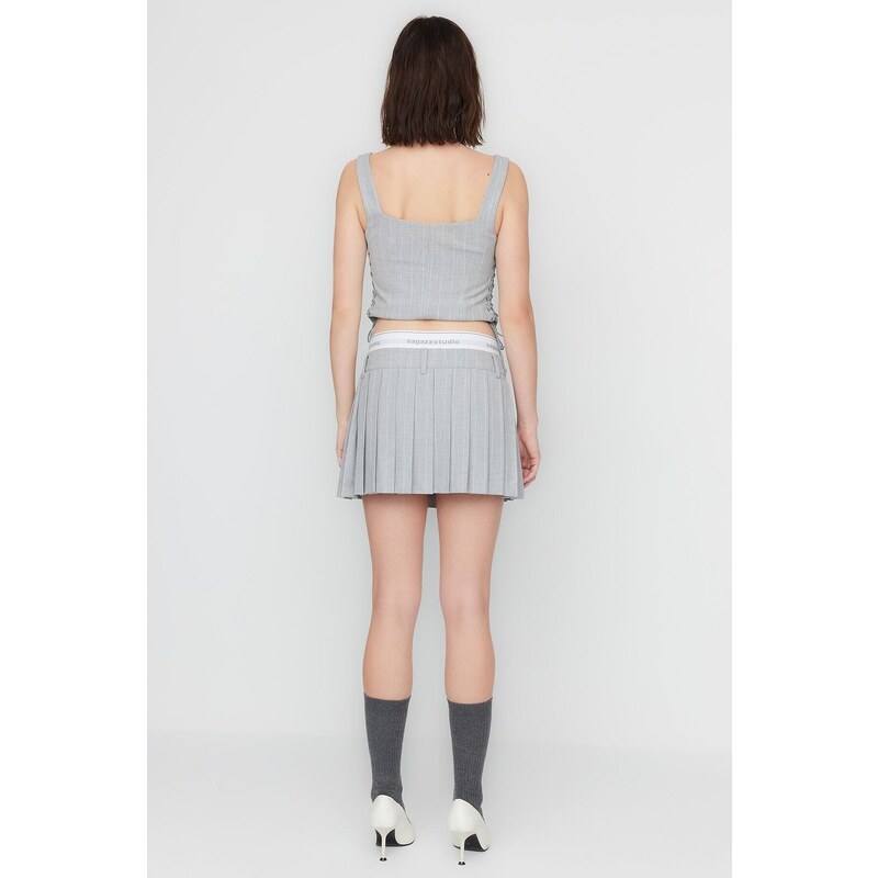 Trendyol X Sagaza Studio Gray Striped Pleated Skirt With Elastic Detail