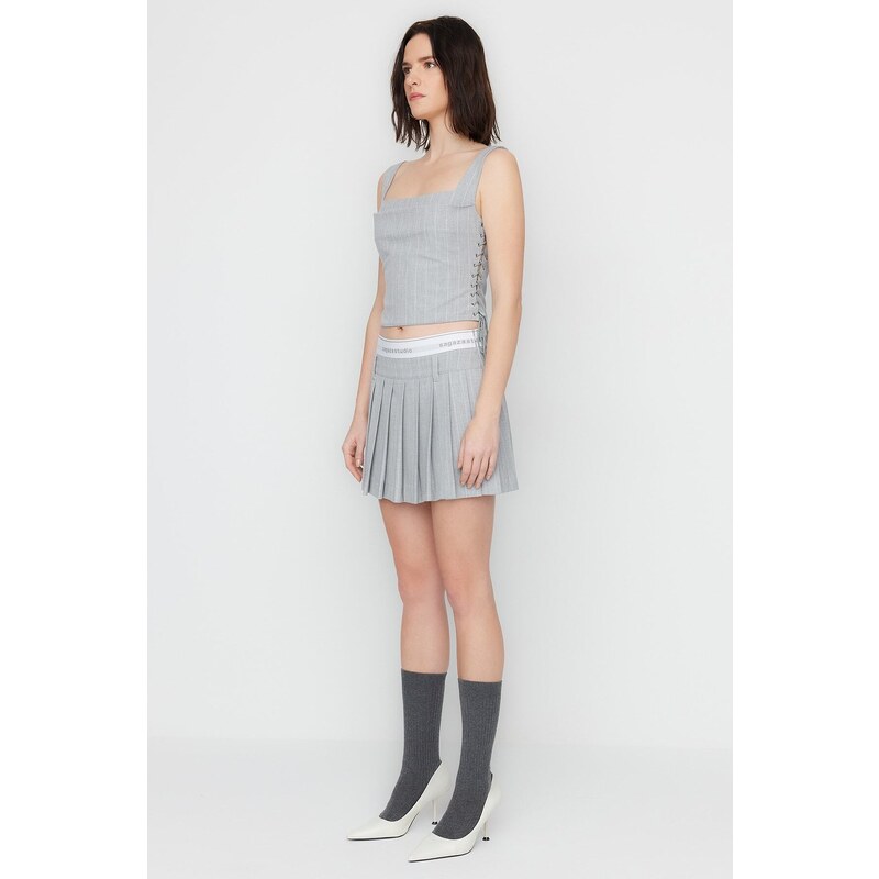 Trendyol X Sagaza Studio Gray Striped Pleated Skirt With Elastic Detail