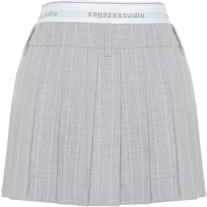 Trendyol X Sagaza Studio Gray Striped Pleated Skirt With Elastic Detail