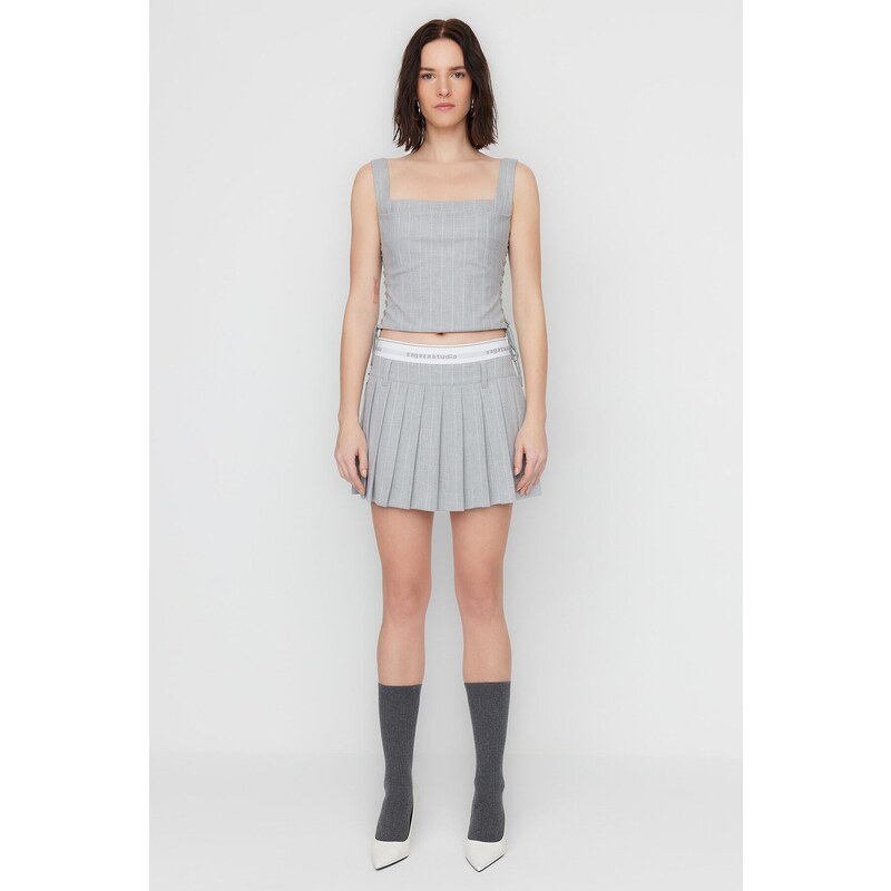 Trendyol X Sagaza Studio Gray Striped Pleated Skirt With Elastic Detail