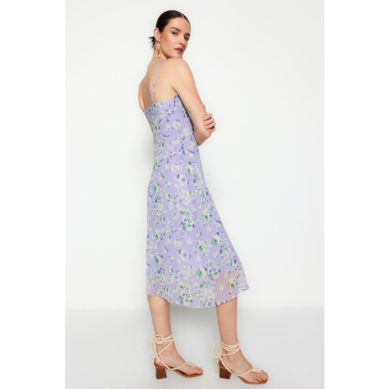 Trendyol Lilac Midi tkané lemované květinový vzor tkané šaty