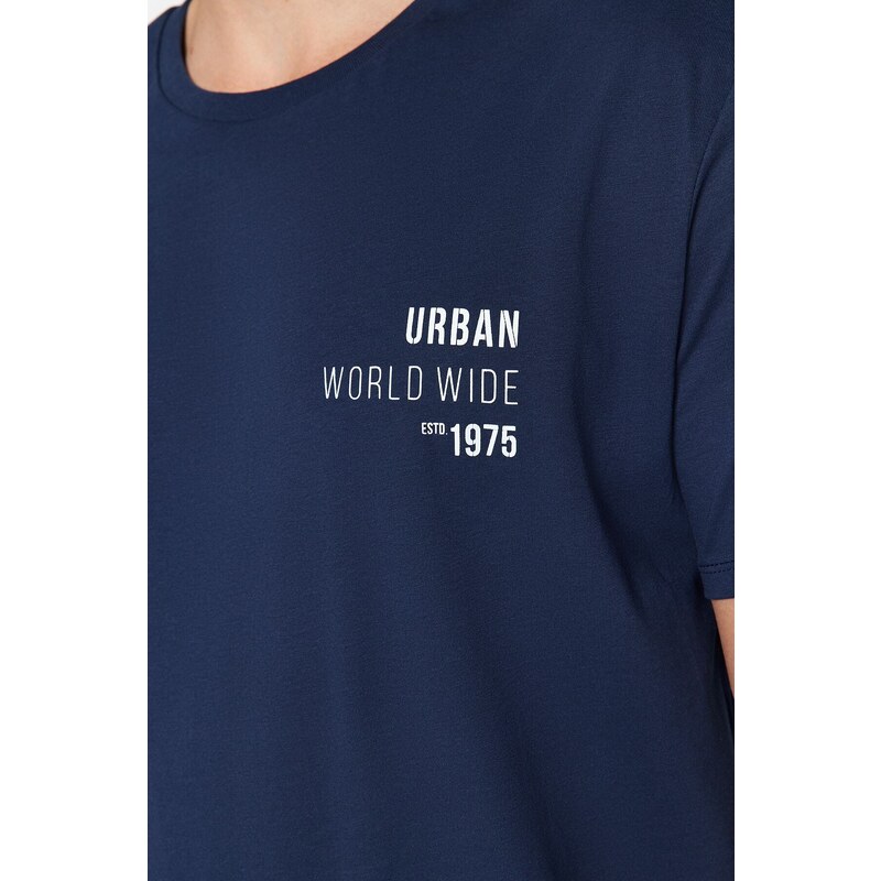 Trendyol Navy Blue Regular/Normal Cut Text Printed Crew Neck 100% Cotton T-Shirt