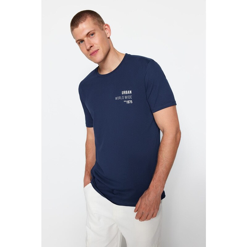 Trendyol Navy Blue Regular/Normal Cut Text Printed Crew Neck 100% Cotton T-Shirt