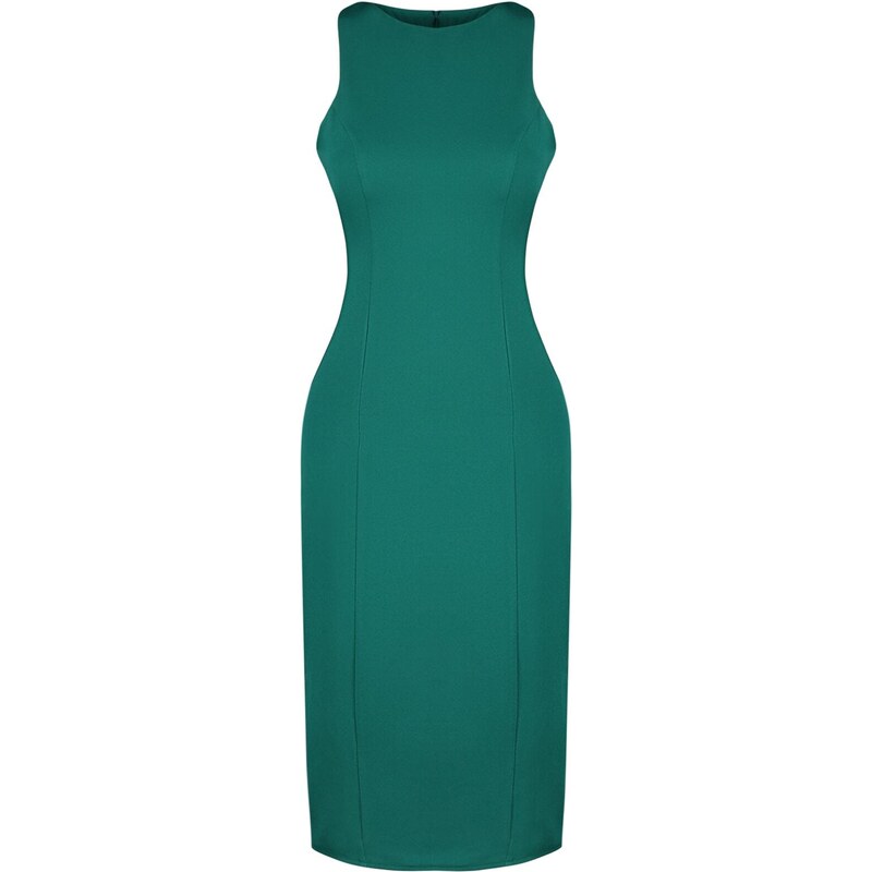 Trendyol Emerald Green Vypasované midi šaty s výstřihem kolem krku