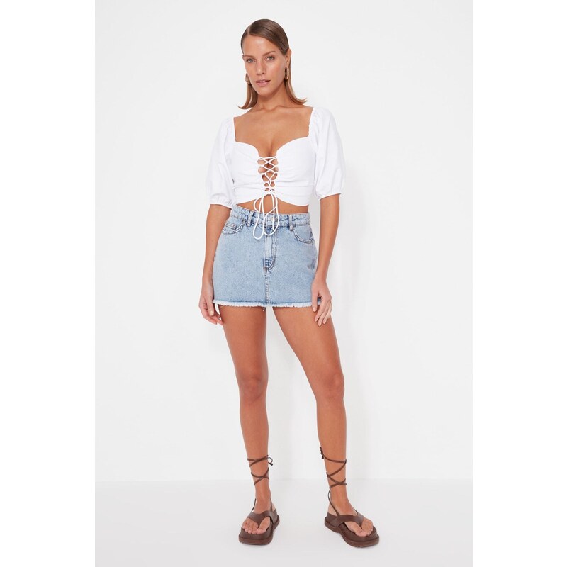 Trendyol Blue Mini Denim Skirt With Tassels, 100% Cotton