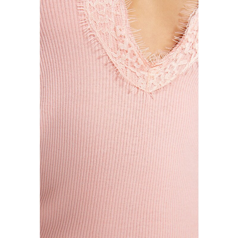 Trendyol Powder Lace and Tie Detail Ribbed Cotton Knitted Nightshirt