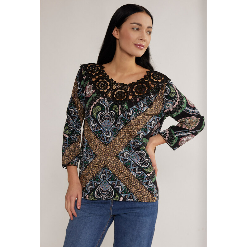 MONNARI Woman's Blouses Patterned Blouse With Lace Multi Black