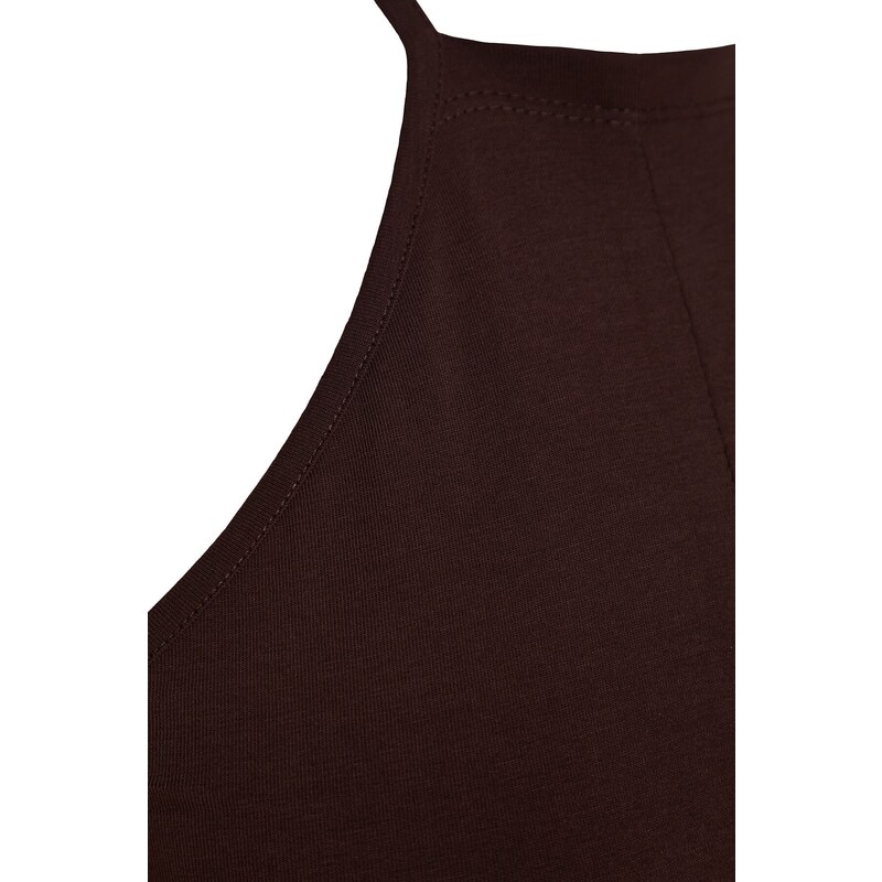Trendyol Brown Halter Neck Štěrbina Vypasované bavlněné strečové midi pletené šaty