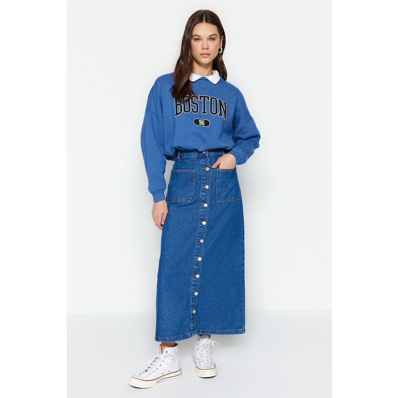 Trendyol Dark Indigo Double Pocket High Waist Denim Jeans Skirt