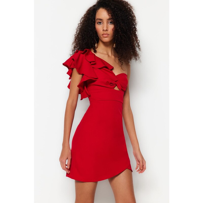 Trendyol Red Double Breasted Woven Flounce Elegant Evening Dress