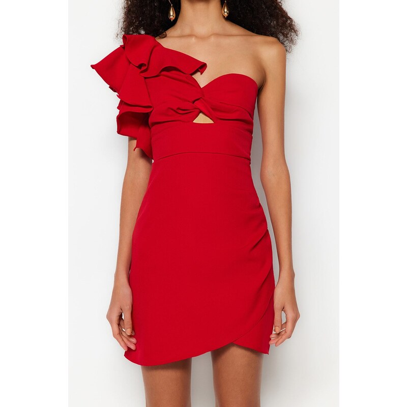 Trendyol Red Double Breasted Woven Flounce Elegant Evening Dress