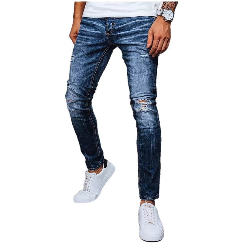 Modré děrované pánské džínové kalhoty