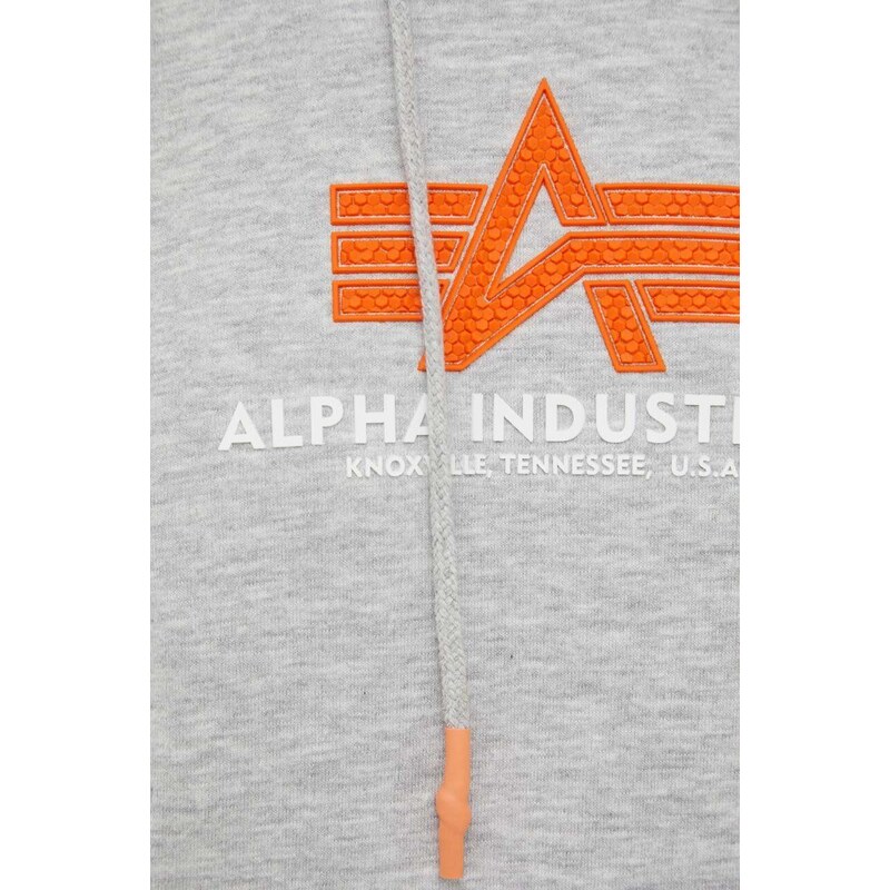 Mikina Alpha Industries pánská, šedá barva, s kapucí, s potiskem