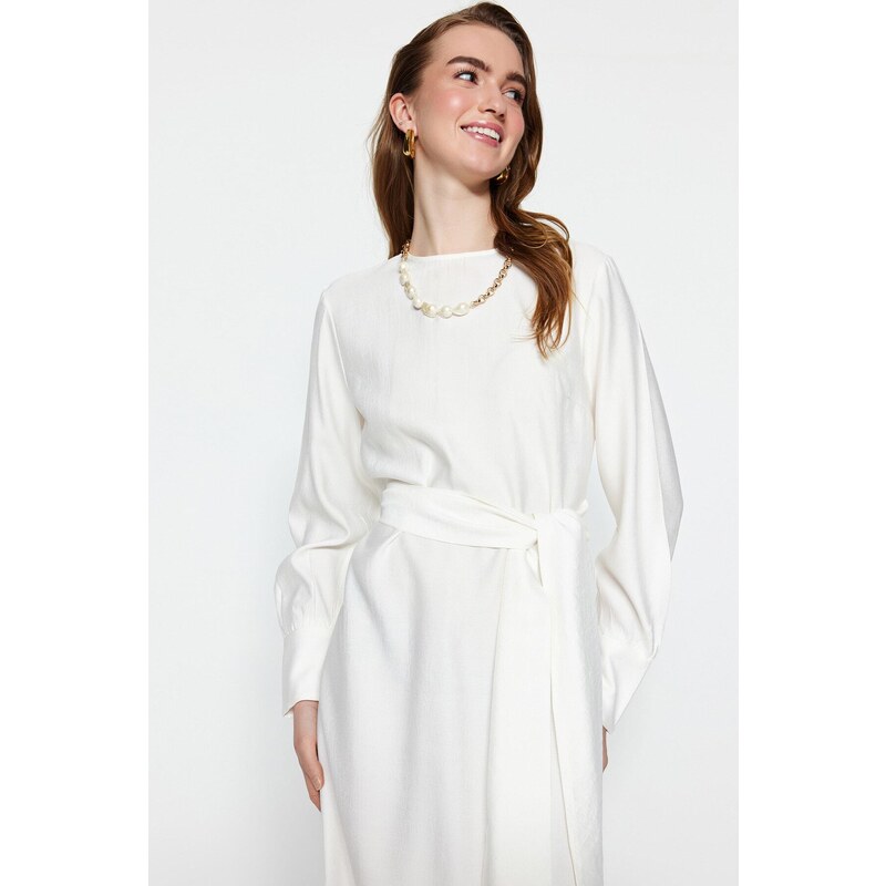 Trendyol White Wide Belted Zipper Cuff Woven Linen Look Dress