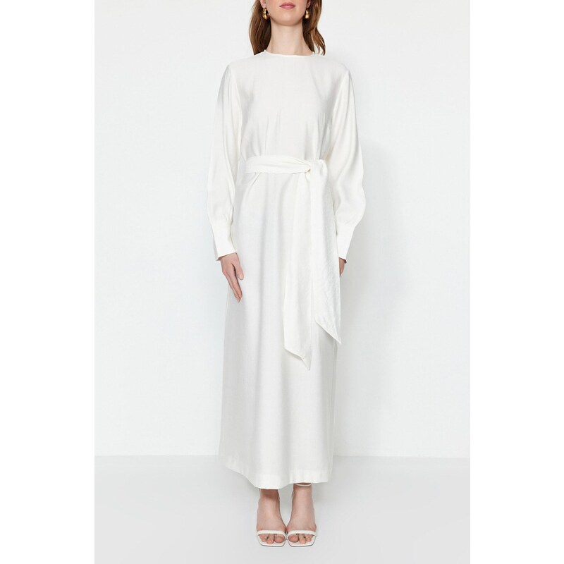 Trendyol White Wide Belted Zipper Cuff Woven Linen Look Dress