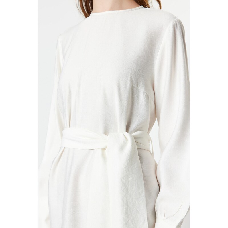 Trendyol White Wide Belted Zipper Cuff Woven Linen Look Dress