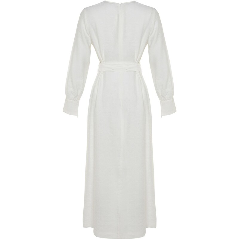 Trendyol White Wide Belted Zipper Cuff Woven Linen Look Dress
