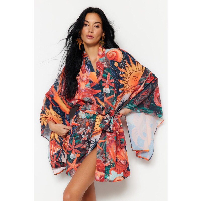 Trendyol Tropical Patterned Belted Mini Woven Kimono & Caftan