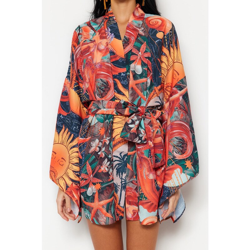 Trendyol Tropical Patterned Belted Mini Woven Kimono & Caftan