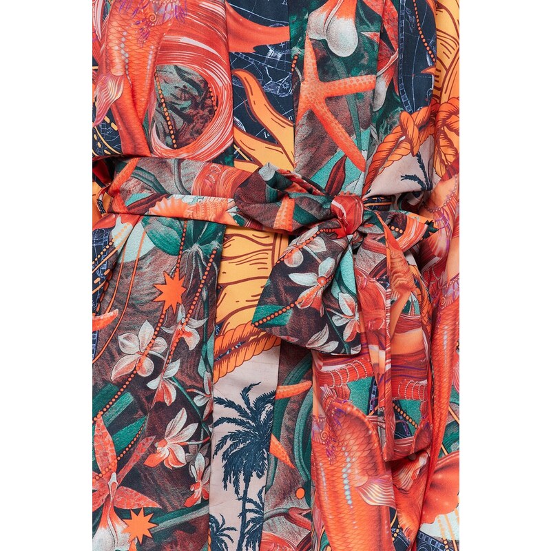 Trendyol Tropical Patterned Belted Mini Woven Kimono & Caftan