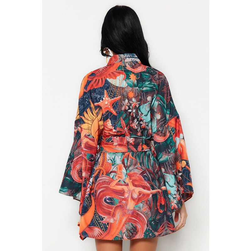 Trendyol Tropical Patterned Belted Mini Woven Kimono & Caftan