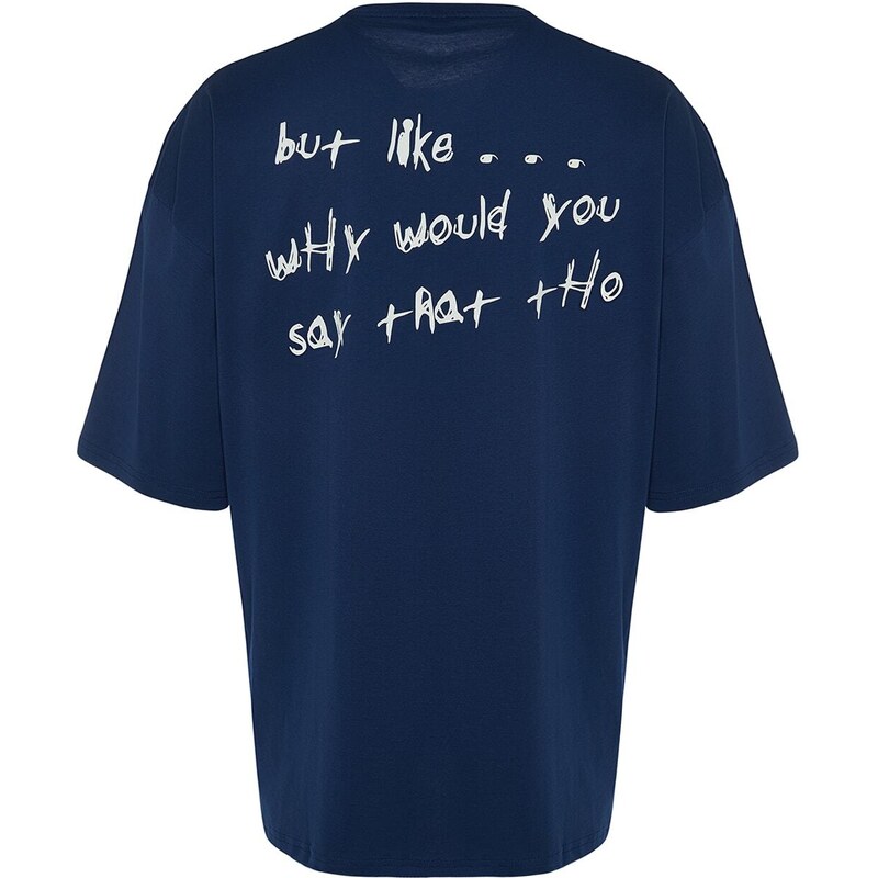 Trendyol Indigo Oversize/Wide-Fit Text Printed Short Sleeve 100% Cotton T-Shirt