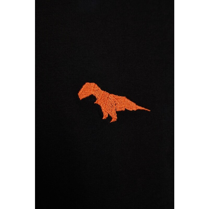 Trendyol Black Oversize Fit Crew Neck Krátký rukáv Dinosaurus Vyšívané tričko ze 100% bavlny