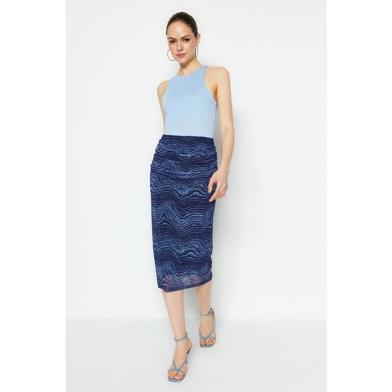 Trendyol Navy Blue Printed Tulle Fitted High Waist Lined Midi Skirt