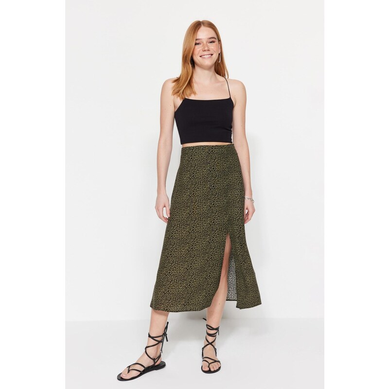 Trendyol Khaki Skirt with Viscose Fabric and Animal Print