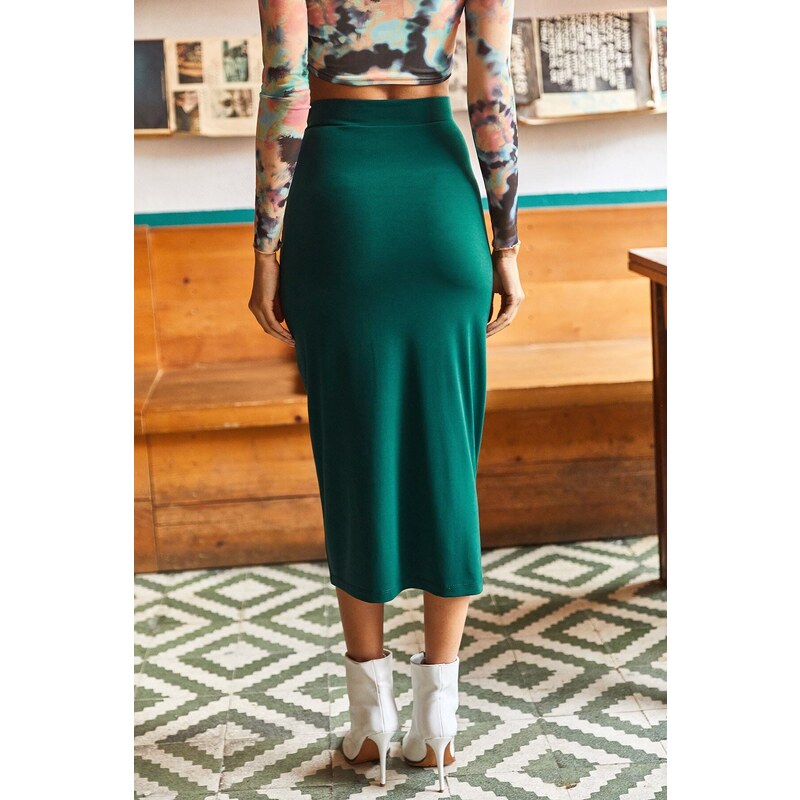 Olalook Women's Emerald Green Slit Drape Detailed Zippered Midi Sandy Skirt