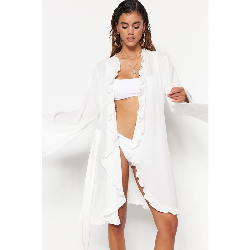 Trendyol Ecru Belted Mini Woven Flounce Kimono & Kaftan