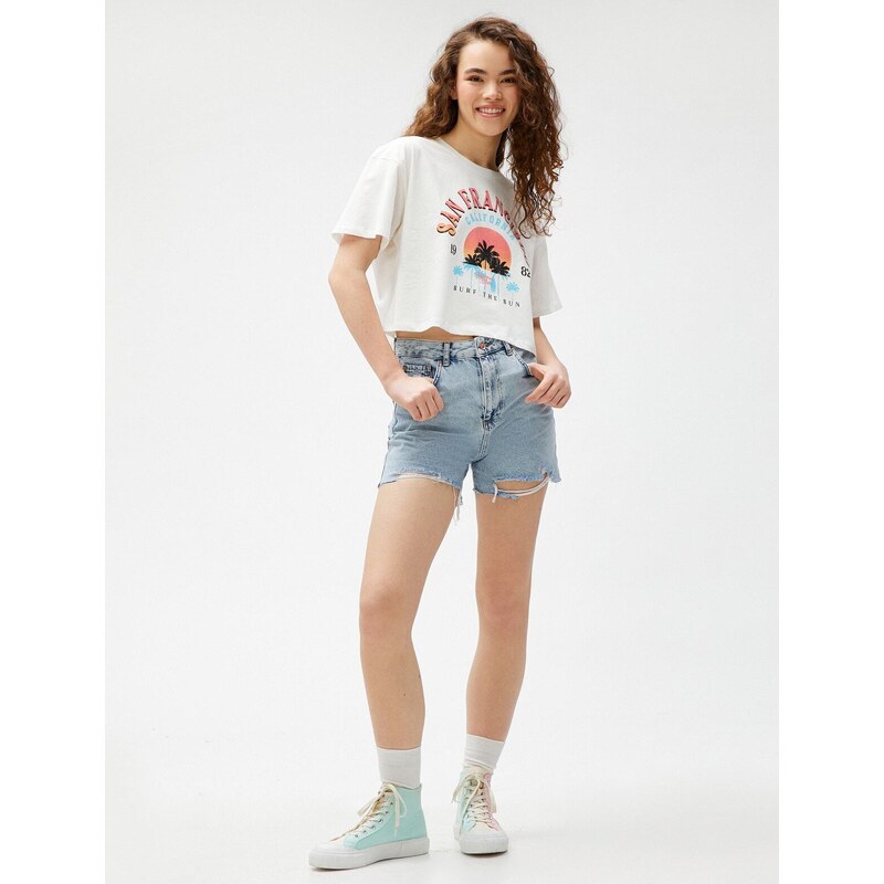 Koton Crop T-Shirt Printed Short Sleeve Crew Neck Cotton