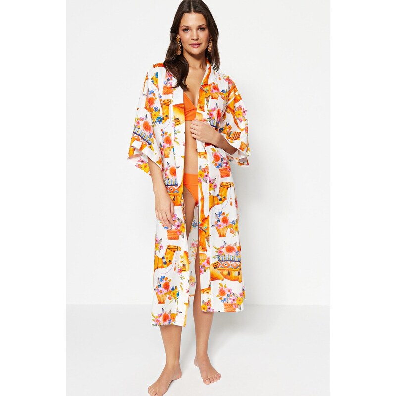 Trendyol Ethnic Pattern Belted Maxi-Weave 100% Cotton Kimono & Kaftan