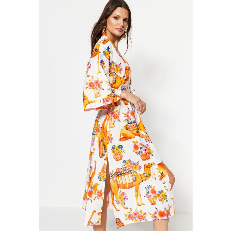 Trendyol Ethnic Pattern Belted Maxi-Weave 100% Cotton Kimono & Kaftan