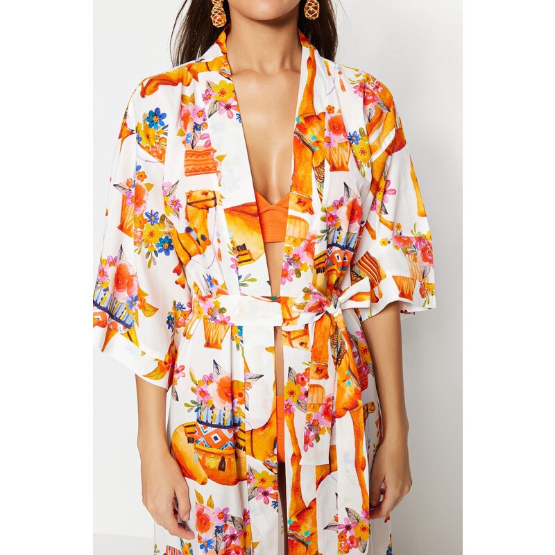 Trendyol Ethnic Pattern Belted Maxi-Weave 100% Cotton Kimono & Kaftan