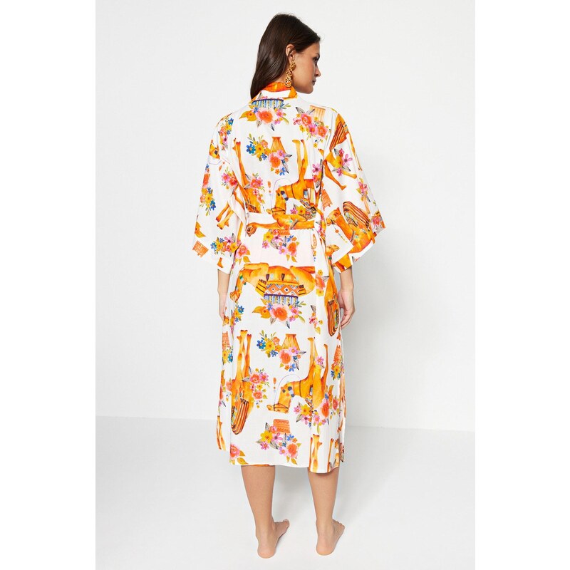 Trendyol Ethnic Pattern Belted Maxi-Weave 100% Cotton Kimono & Kaftan
