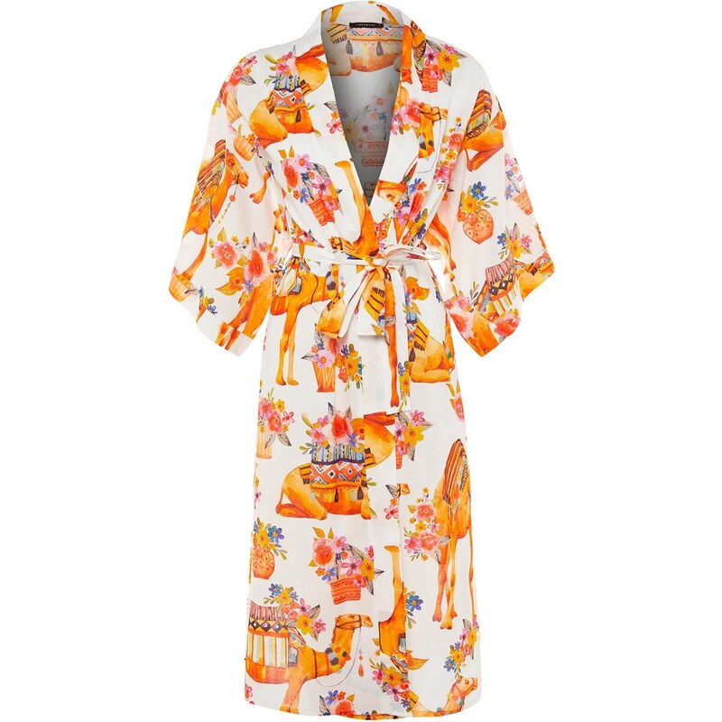 Trendyol Ethnic Pattern Belted Maxi-Weave 100% Cotton Kimono & Kaftan