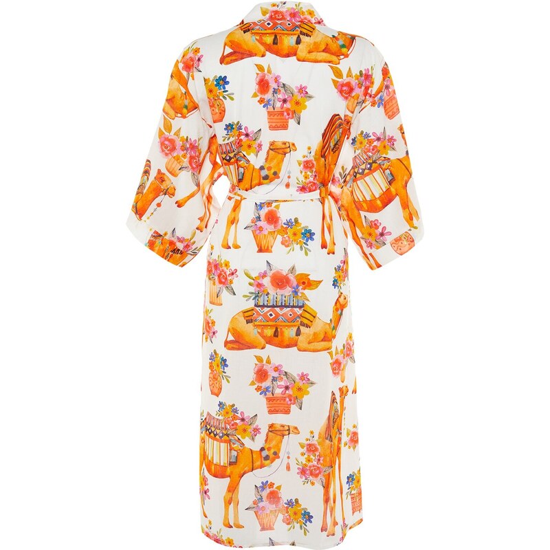 Trendyol Ethnic Pattern Belted Maxi-Weave 100% Cotton Kimono & Kaftan