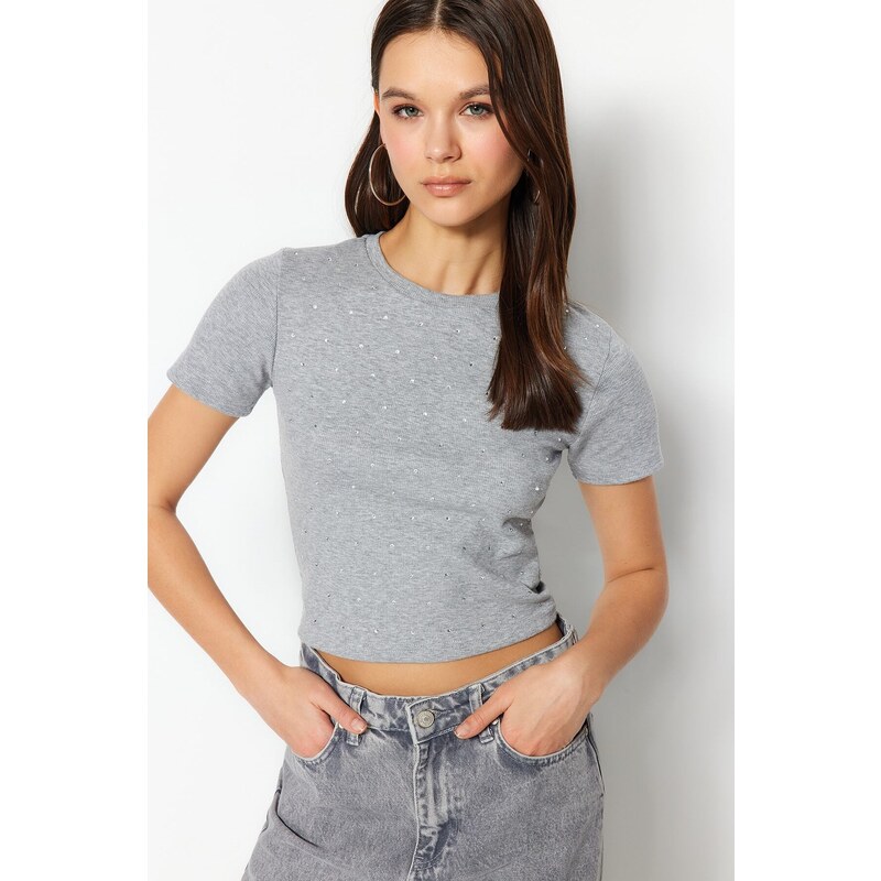 Trendyol Gray Melange Stone Detail Fitted/Situated Crew Neck, Flexible Knitted Cotton T-Shirt