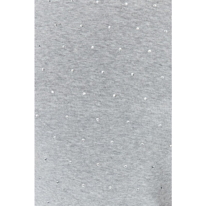 Trendyol Gray Melange Stone Detail Fitted/Situated Crew Neck, Flexible Knitted Cotton T-Shirt