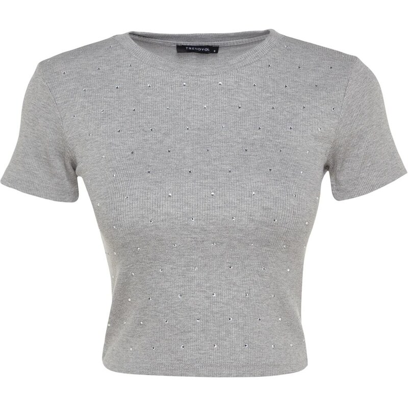 Trendyol Gray Melange Stone Detail Fitted/Situated Crew Neck, Flexible Knitted Cotton T-Shirt