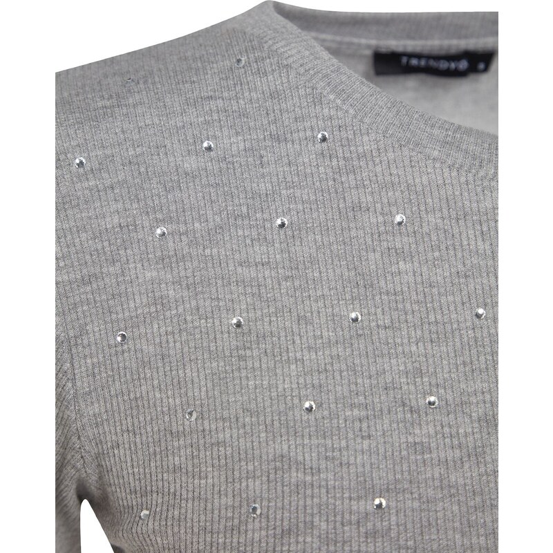 Trendyol Gray Melange Stone Detail Fitted/Situated Crew Neck, Flexible Knitted Cotton T-Shirt