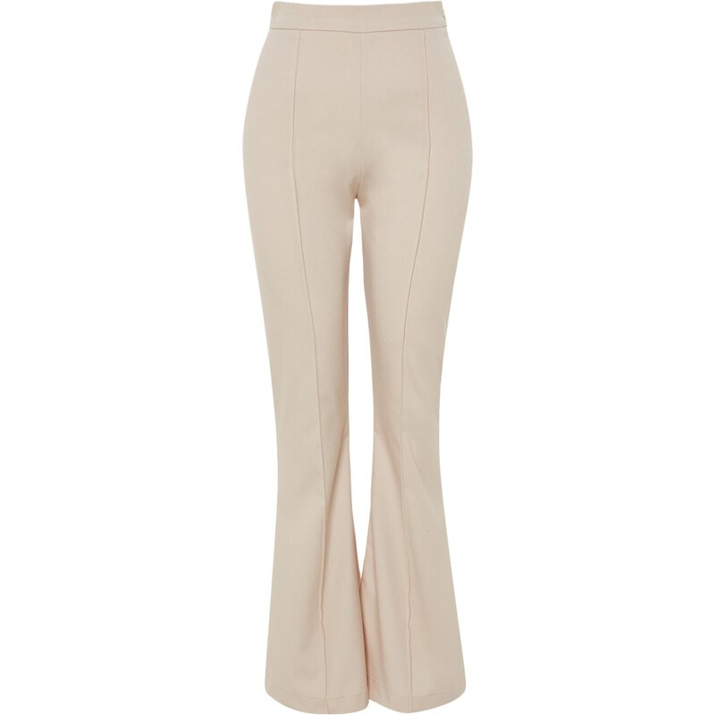 Trendyol Beige High Waist Rib Detailní tkané kalhoty se širokými nohavicemi