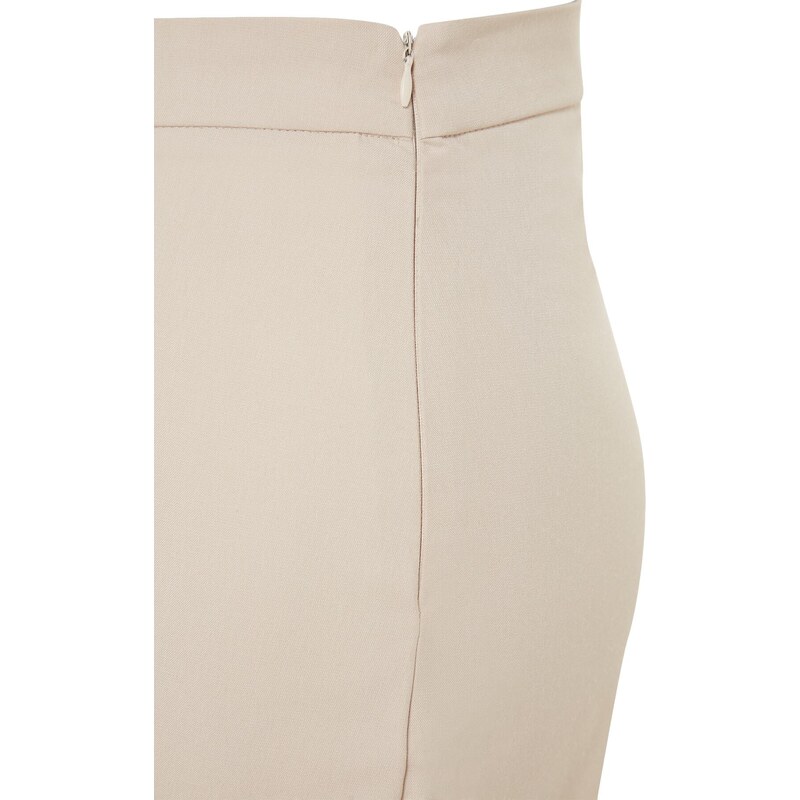 Trendyol Beige High Waist Rib Detailní tkané kalhoty se širokými nohavicemi