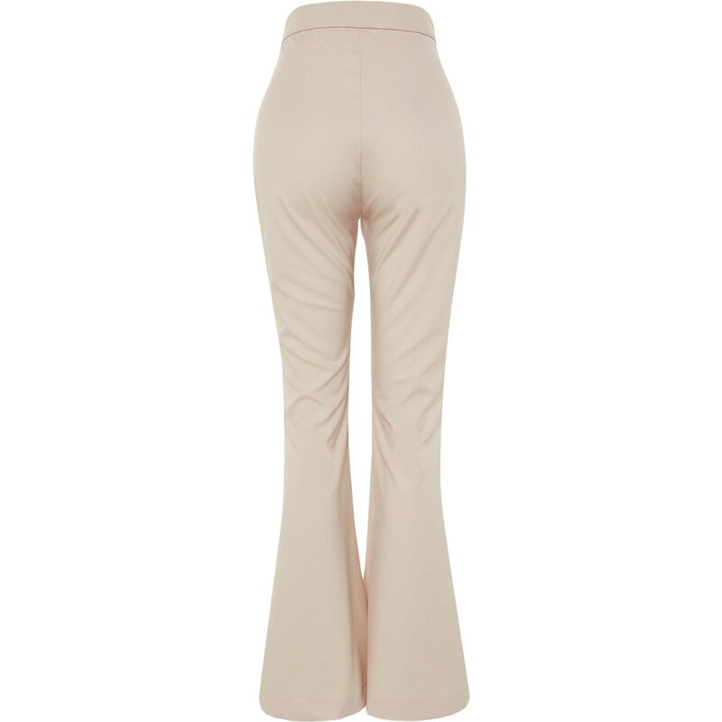 Trendyol Beige High Waist Rib Detailní tkané kalhoty se širokými nohavicemi