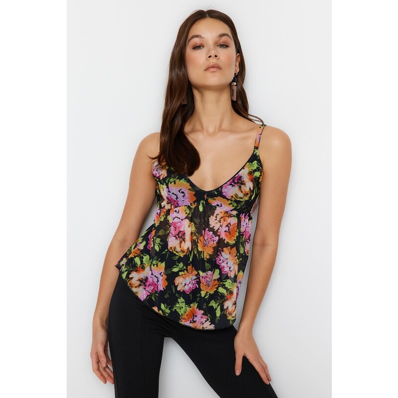 Trendyol Black Floral Patterned Straps Lined Stretch Tulle Knitted Blouse