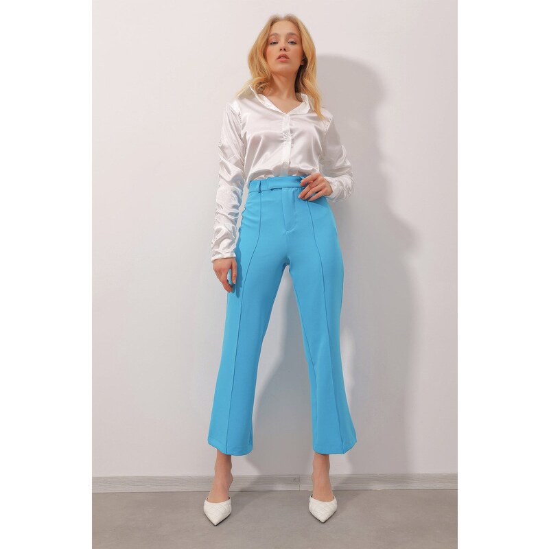 Trend Alaçatı Stili Women's Turquoise Blue Stitching at the Front Woven Collar Trousers