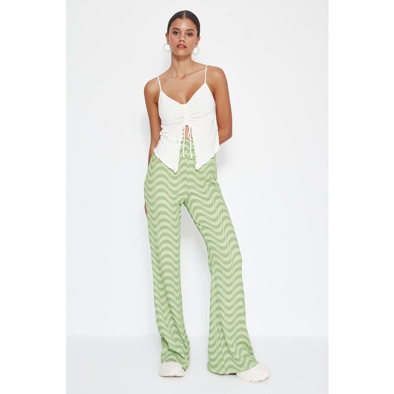 Trendyol Green Wrinkled Wide Leg/Relaxed Cut High Waist Knitted Trousers